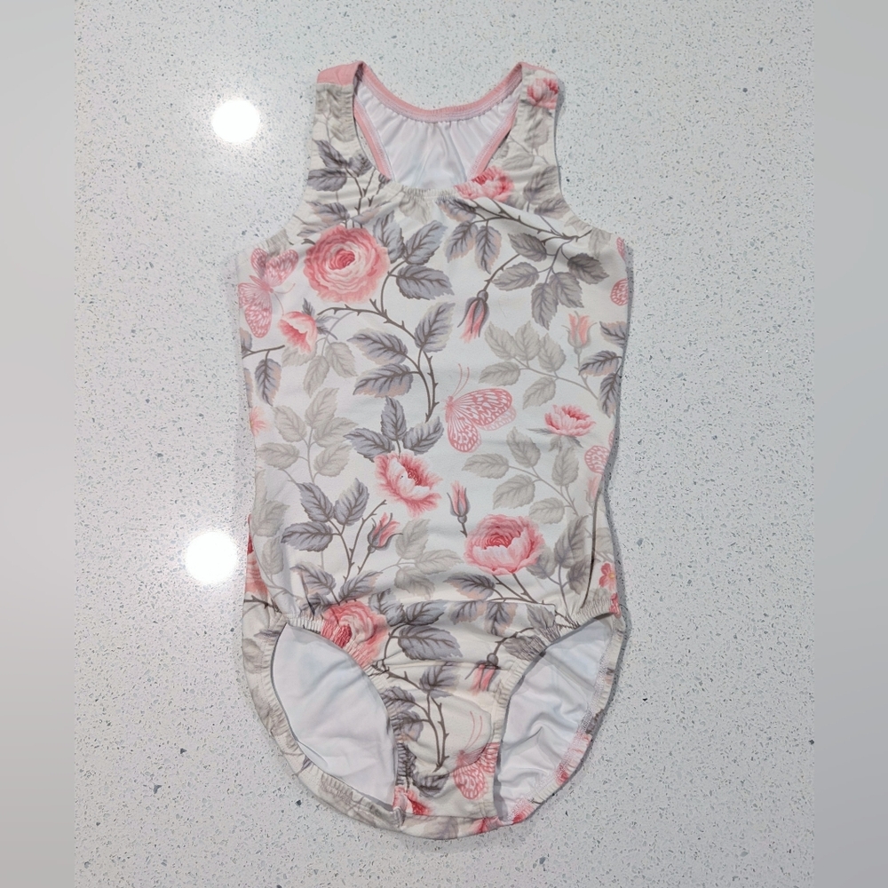 OPEN BACK GymGear Gymnastics Leotard ULTRA SOFT TS Small 16 ROSES & BUTTERFLIES